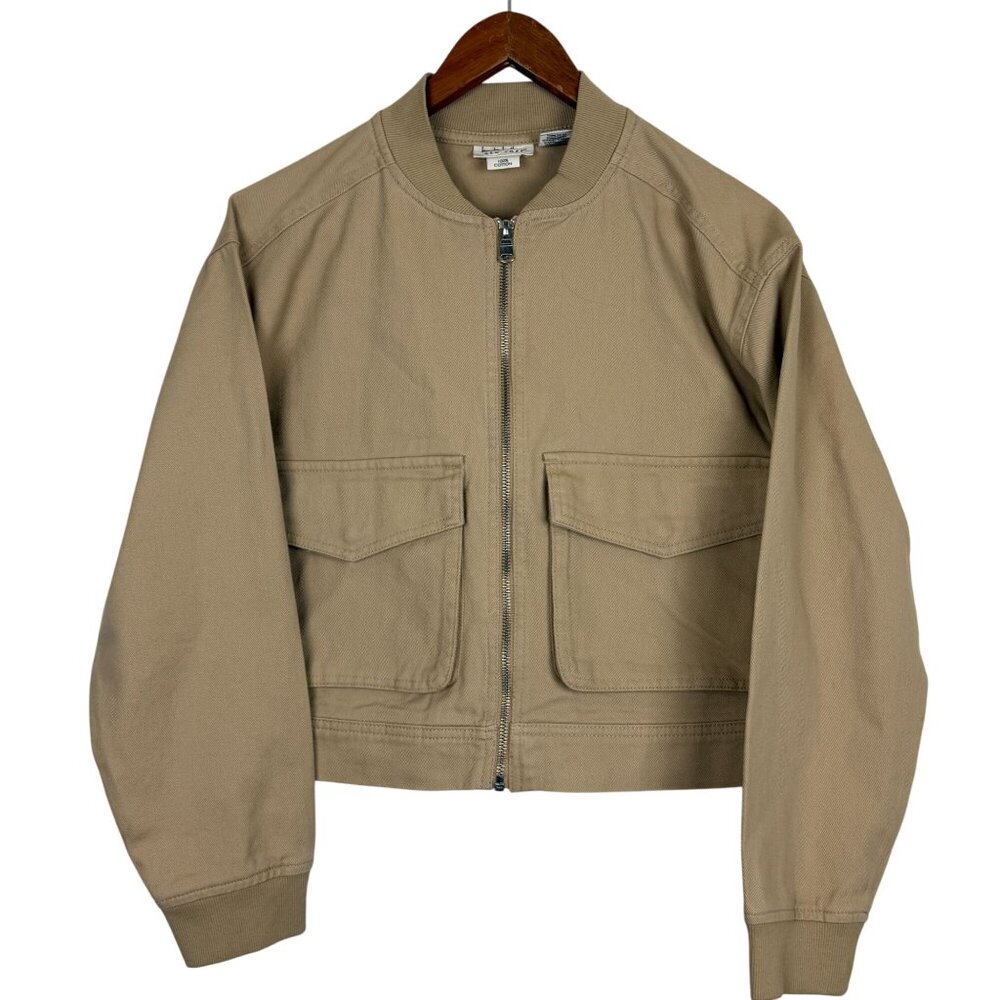 Nicole MillerTan Cropped Utility Jacket Small Cargo Pockets Full Zip Cotton